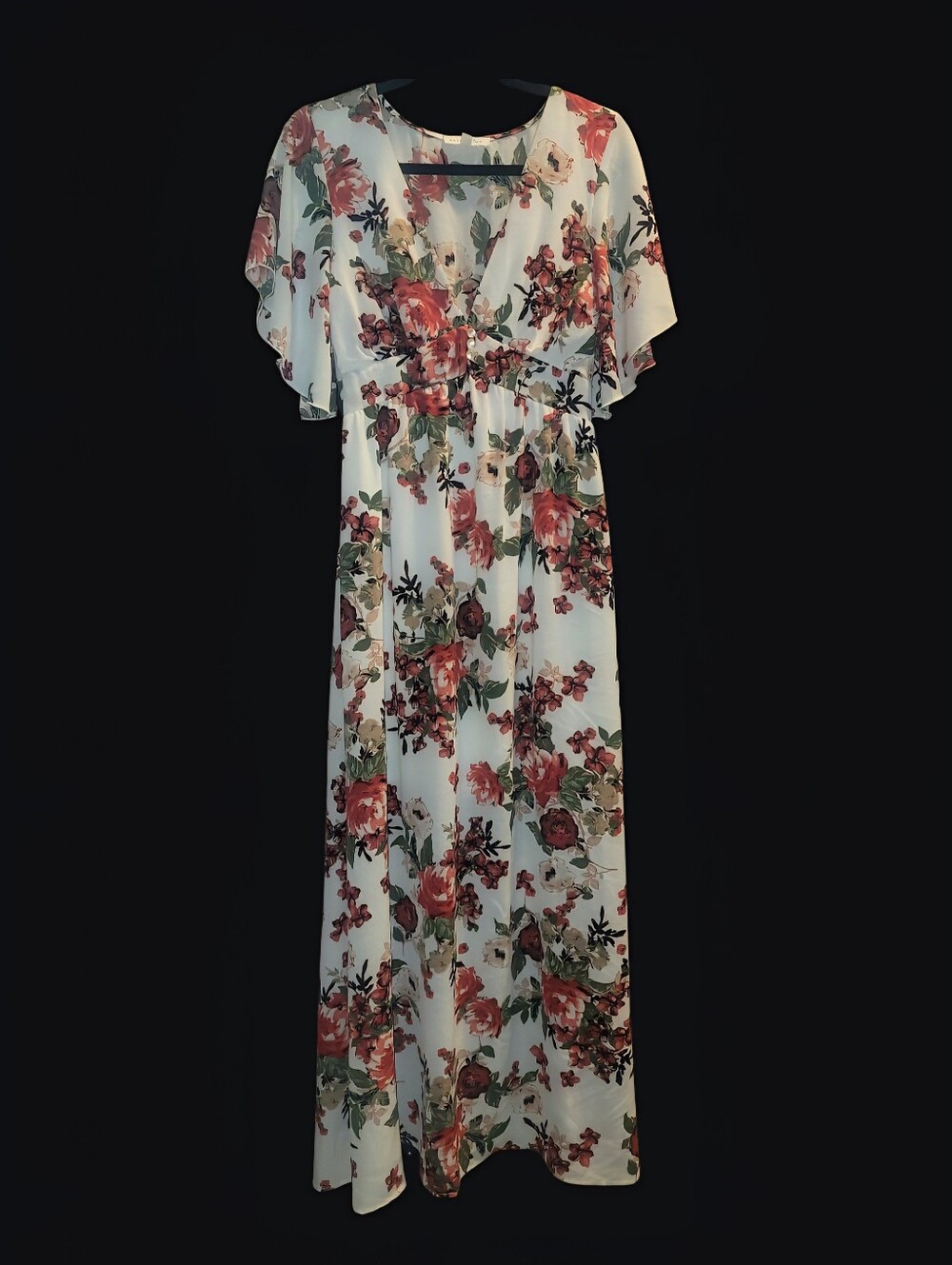 Bailey Blue Floral V-Neck Maxi Dress in White with Pink Roses